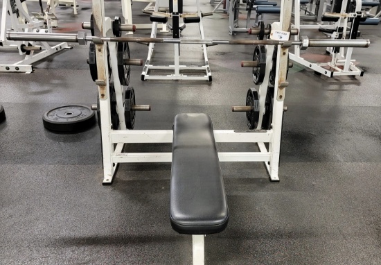 FLEX FITNESS LAYING WEIGHT BENCH WITH BAR AND PLATE WEIGHTS