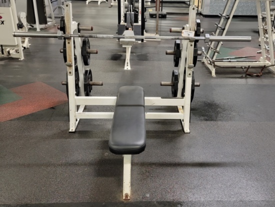 FLEX FITNESS LAYING WEIGHT BENCH WITH BAR AND PLATE WEIGHTS