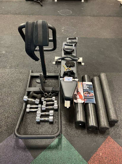 LOT OF WEIGHT BENCH WITH DUMBBELLS, FOAM ROLLERS, HANDLES, WEIGHT BELTS ETC