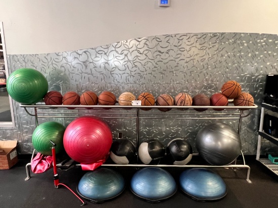 BALL RACK WITH EXERCISE BALLS, BASKET BALLS, BOSU BALLS AND AIR PUMP