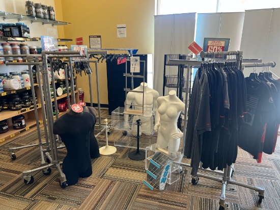 LARGE LOT OF RETAIL RACKS, MANNEQUINS AND NEW CLOTHING