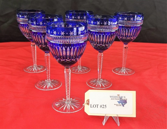 SET OF (6) COBALT BLUE CUT TO CLEAR CRYSTAL WINE GLASSES