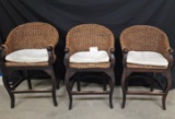 (3) RATTAN AND WOOD BARSTOOLS WITH PILLOWS