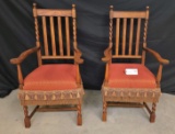 (2) ANTIQUE OAK BARLEY TWIST ARM CHAIRS WITH CUSTOM UPHOLSTERY