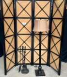 LOT OF FLOOR LAMP, SCREEN DIVIDER AND FIREPLACE TOOLS