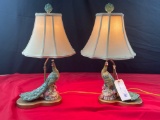 PAIR OF PORCELAIN PAINTED PEACOCK LAMPS