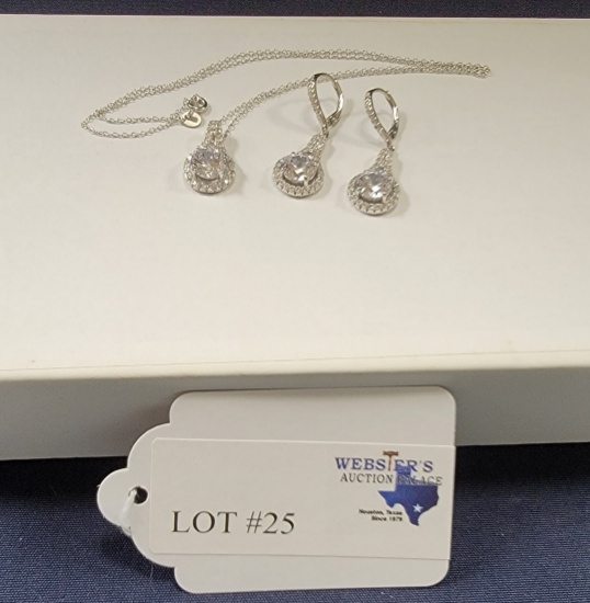2PC SET STERLING SILVER QUARTZ AND NATURAL ZIRCON PENDANT WITH CHAIN AND DANGLE EARRINGS