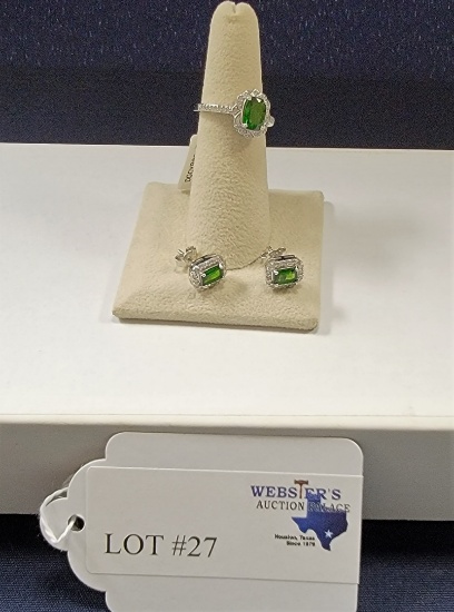 2PC SET STERLING SILVER RUSSIAN CHROME DIOPSIDE AND ZIRCON RING AND EARRINGS