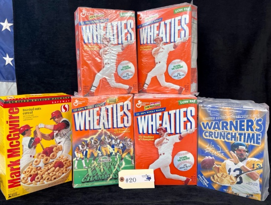LARGE LOT OF COLLECTOR WHEATIES, WARNER'S CRUNCH TIME AND MARK MCGWIRE CEREAL