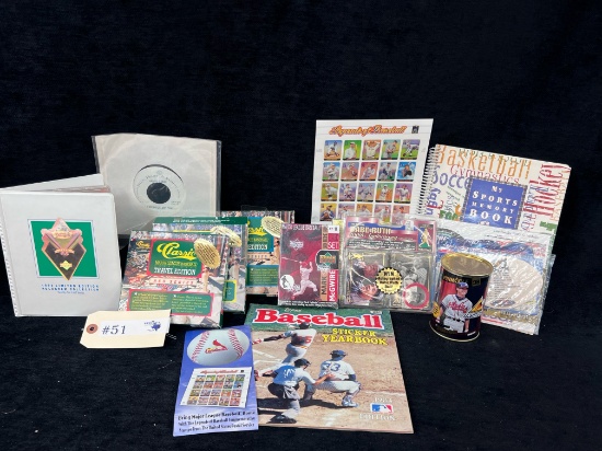 LOT OF BASEBALL GAMES, CARD SETS, HOLOGRAM CARDS, MAGAZINE, SPORTS MEMORY BOOK, ETC.
