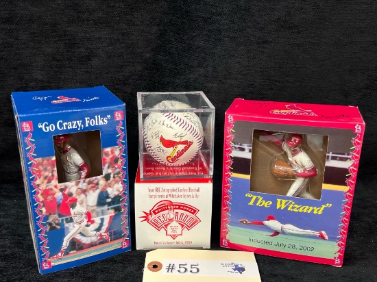 ST. LOUIS CARDINALS OZZY SMITH STATUES AND STAMPED TEAM SIGNED BALL