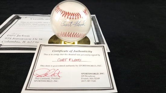 SIGNED CURT FLOOD BASEBALL WITH COA