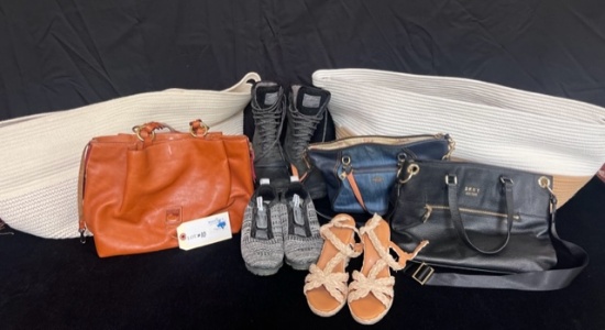 WOMEN'S COACH, DOONEY AND BURKE, AND LEATHER PURSES, SHOES AND LARGE WOVEN TOTES