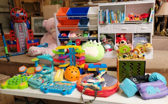 LARGE LOT OF KIDS TOYS, BOOKSHELF AND TOY BINS