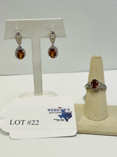 2PC STERLING SILVER HESSONITE AND WHITE ZIRCON DROP EARRINGS AND RING