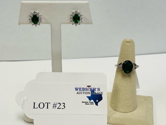 2PC STERLING SILVER GREEN GEMSTONE AND WHITE ZIRCON EARRINGS AND RING