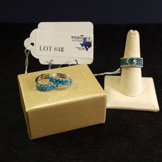 2PC SET STERLING SILVER BLUE GEMSTONE AND SIMULATED DIAMOND RING AND EARRINGS