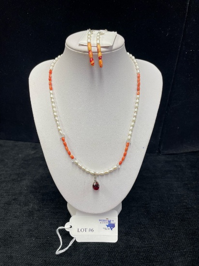 2PC SET STERLING SILVER CORAL AND PEARL NECKLACE AND EARRING SET