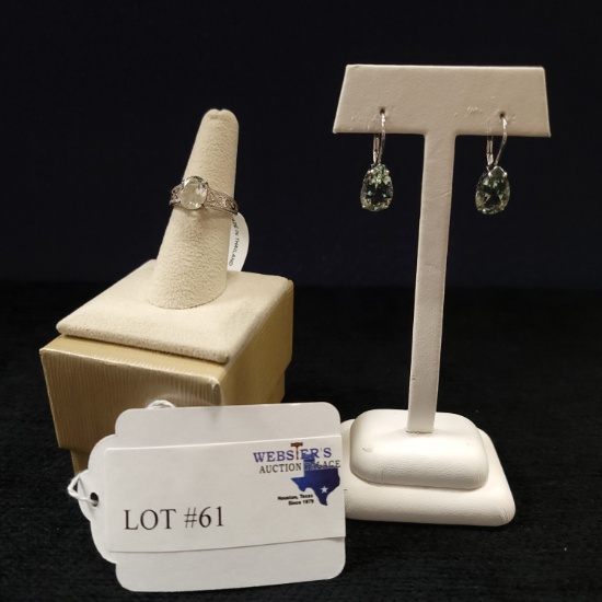 2PC STERLING SILVER QUARTZ GEMSTONE EARRINGS AND RING