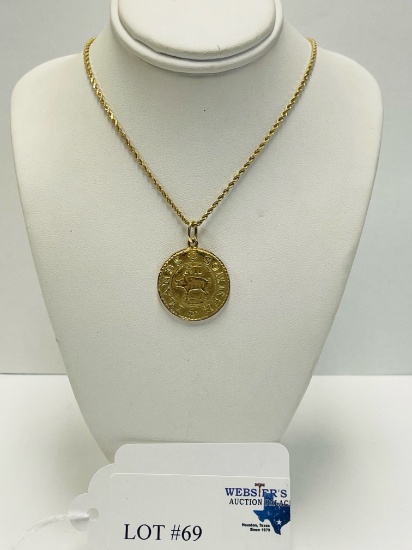 YELLOW GOLD SOMMER ISLAND HOGGE 12 PENCE COIN WITH GOLD ROPE CHAIN