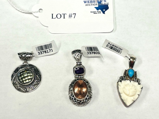 3PC STERLING SILVER PENDANTS WITH GEMSTONES