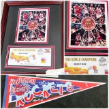 SIGNED CLYDE DREXLER ROCKETS CHAMPIONSHIP FLYER, SIGNED DREXLER AND HAKEEM OLAJUWON PENNANT WITH COA