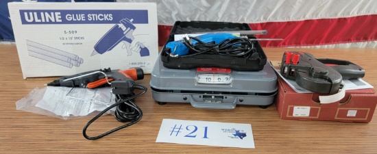 ULINE SCALES, GLUE GUN WITH STICKS, ELECTRIC CUTTER, ETC.