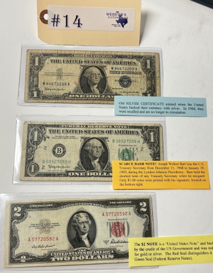 3PC U.S. NOTES 1957 $1 SILVER CERTIFICATE, 1953 $2 RED SEAL NOTE AND 1963 SCARCE BARR NOTE