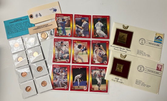 LOT OF COMMEMORATIVE MEDALLIONS, SPORTS CARDS, GOLD PLATE STAMPS