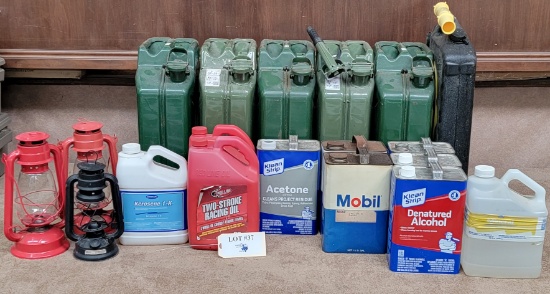 LARGE LOT OF FUEL CANS, FLUIDS & LANTERNS