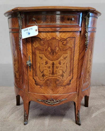 ANTIQUE INLAID HALF MOON CABINET WITH BRASS ACCENTS