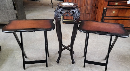 CARVED PLANT STAND WITH MARBLE INSERT AND 2 MATCHING SIDE TABLES