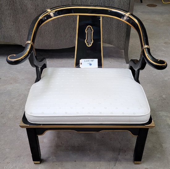GOLD TRIM ARM CHAIR WITH CUSTOM UPHOLSTERY