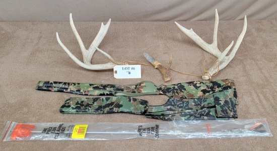 LOT OF ANTLERS, ANTLER KNIFE, AND CAMO GUN JACKETS