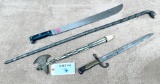 LOT OF SWORDS, CANE AND LARGE KNIFE