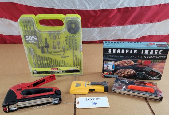 LOT OF TOOLS - DRILLING SET, STAPLERS, THERMOMETER