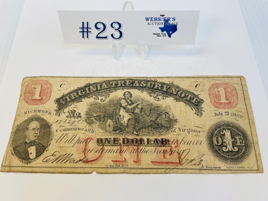 1862 $1 VIRGINIA TREASURY NOTE