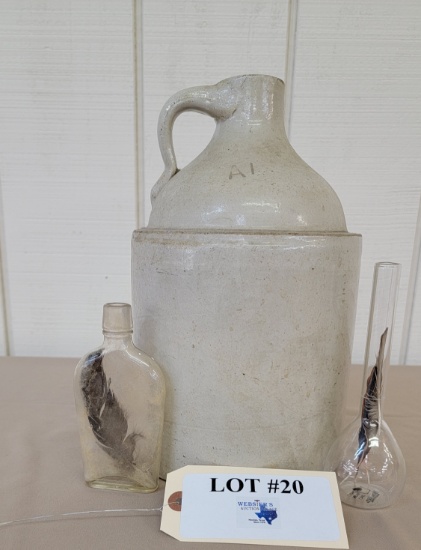 LOT OF ANTIQUE CROCK JUG AND 2 OLD BOTTLES WITH FEATHERS