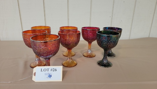 8PC LARGE CARNIVAL GLASS GOBLETS