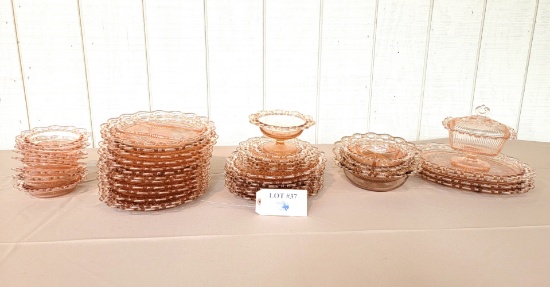44PC PEACH DEPRESSION GLASS WITH OPEN LACE TRIM