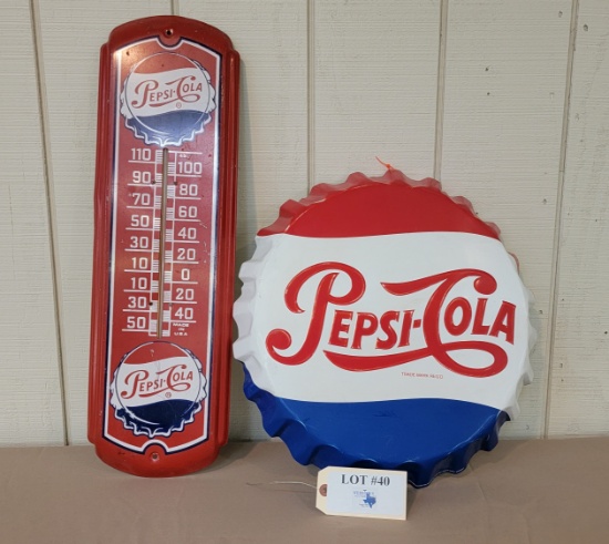 2PC PEPSI-COLA BOTTLE CAP SIGN AND THERMOMETER SIGN