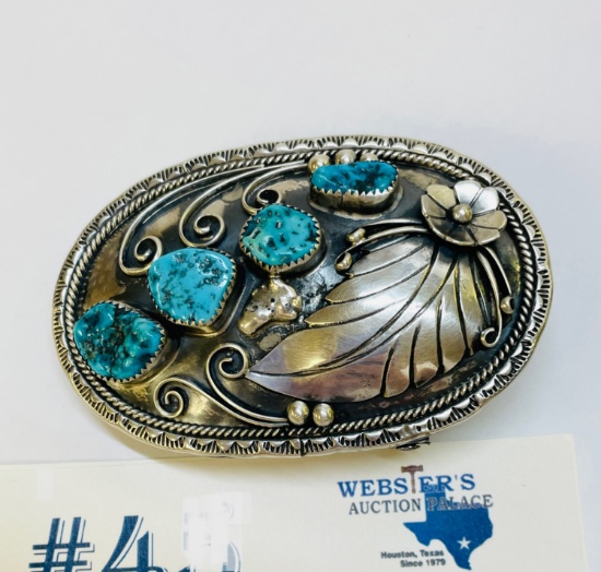 STERLING SILVER AND TURQUOISE BELT BUCKLE