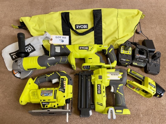 5PC RYOBI TOOL SET WITH BAG AND CHARGERS