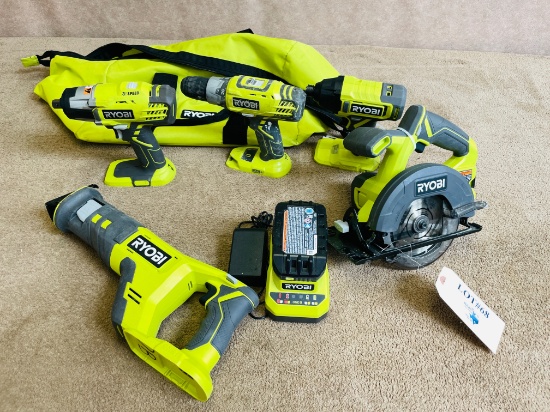 5PC RYOBI TOOL SET WITH BAG AND CHARGER