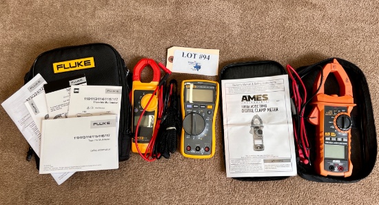 3PC FLUKE AND AMES MEULTIMETER AND DIGITAL CLAMP METERS