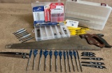LOT OF JIG SAW BLADES, ALLEN WRENCHES, HAND SAW