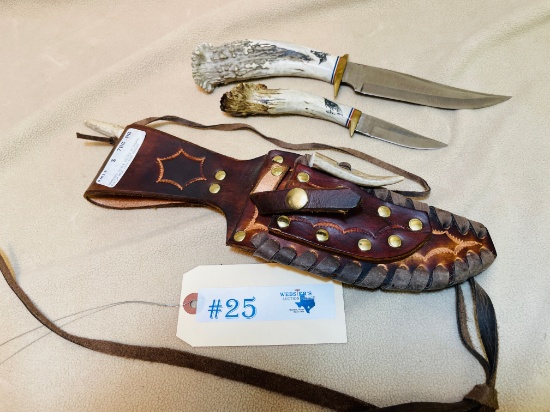 CUSTOM STAG HANDLE HAMMERED DOUBLE KNIVES IN LEATHER SHEATH