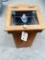 VINTAGE WOOD TRASH CAN WITH LEAD GLASS LIFT TOP