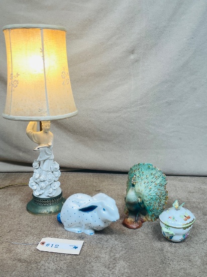 4PC TIFFANY AND CO BANK, LAMP, PEACOCK AND PAINTED POWDER DISH