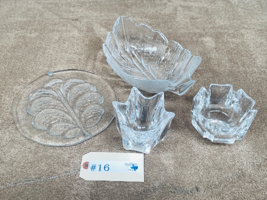 LOT OF 4 PRESSED GLASS SERVING PIECES AND CANDLE HOLDERS